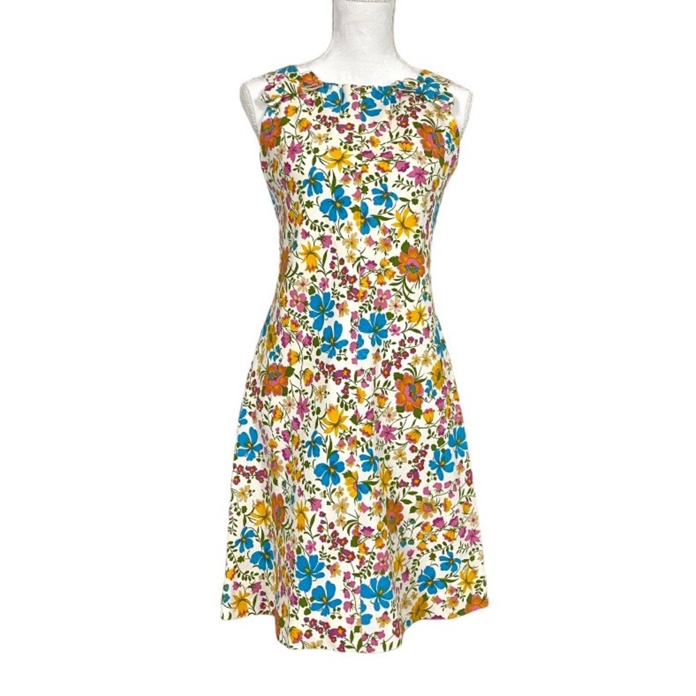 Vintage 60s David Crystal Floral Dress Suit Set S Ivory Pink Blue Yellow Green